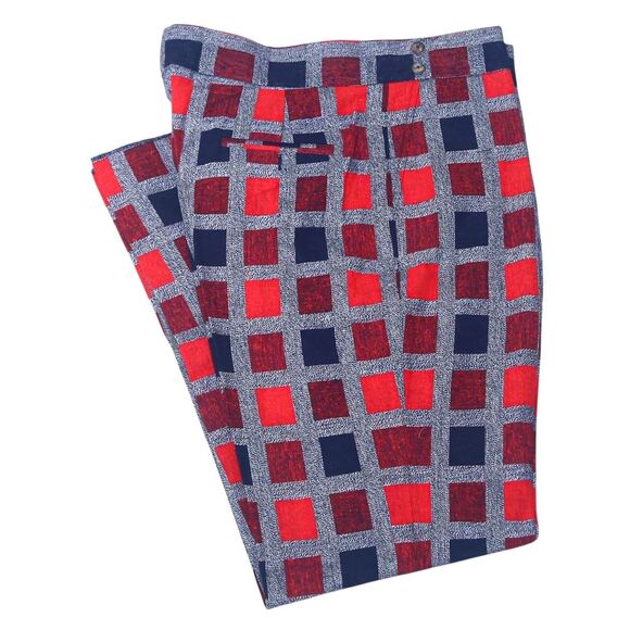 Mens Gurkha Pants 38 Blue Red Plaid Cotton Straight Fit Flat Front Trousers
